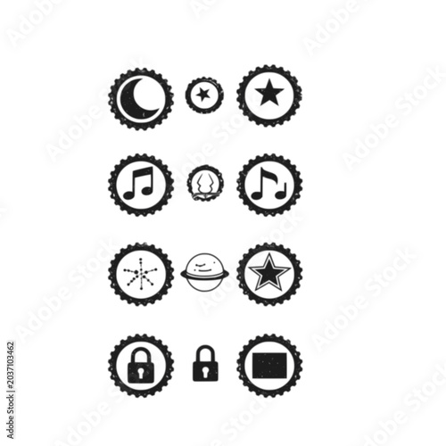 Badge and Stamp Icon Set - Moon Star Music Lock Vector Illustration