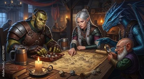 A group of mystical beings including an orc and an elf gather around a wooden table to roll dice and study a large map in a dim tavern room, warrior, figurine, atmospheric