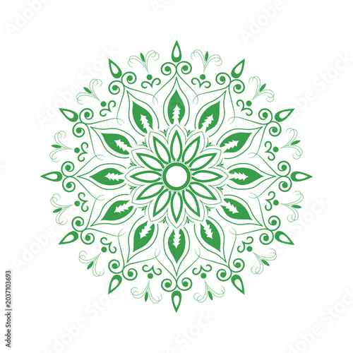 Green floral mandala design with leaves and swirls