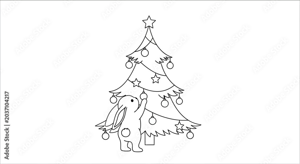 Obraz premium Cute bunny rabbit decorating a Christmas tree with ornaments, outline drawing, festive holiday season illustration