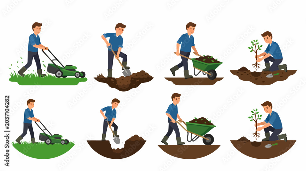 Fototapeta premium Man performing various gardening tasks including mowing the lawn, digging soil, transporting earth with a wheelbarrow, and planting a young tree.