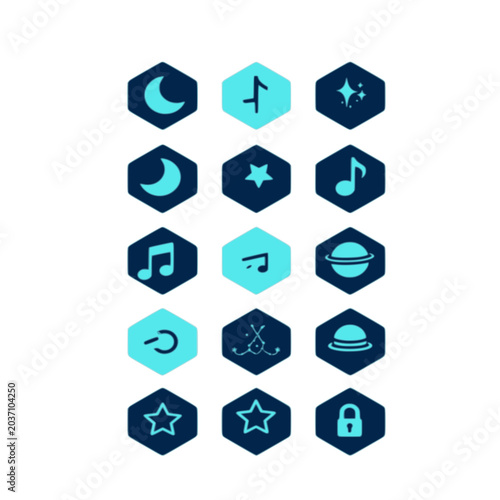 Hexagon Space and Music Icon Set - Modern Dark Cyan Vector