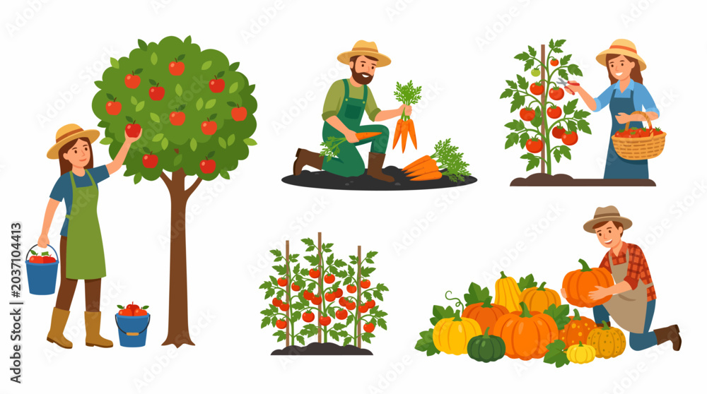 Fototapeta premium Various farmers and gardeners harvesting fresh fruits and vegetables like apples, carrots, tomatoes, and pumpkins from their crops.
