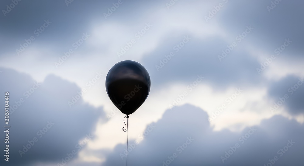 Obraz premium A solitary matte black balloon drifts high through a soft, overcast sky filled with heavy grey and white cumulus clouds at twilight, silence, elegant, symbolic