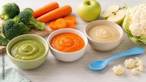 Three bowls of colorful vegetable purees on kitchen counter