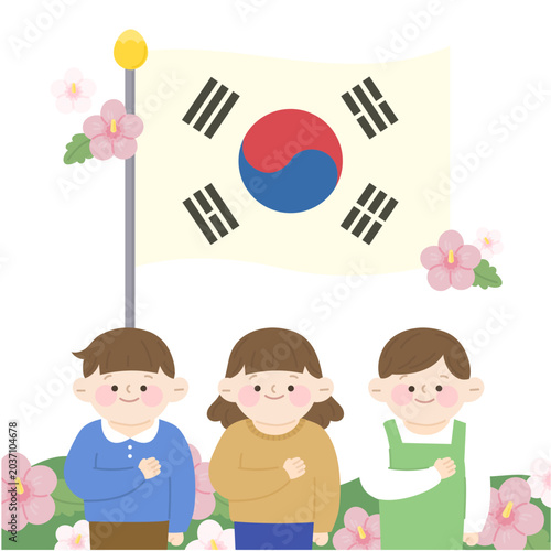 귀여운 어린이 나라사랑 일러스트 태극기 무궁화 대한민국 국가 기념일 파스텔톤 캐릭터 플랫 벡터 디자인 소스