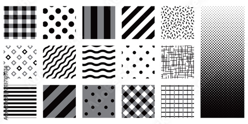 Set of seamless geometric monochrome patterns and halftone backgrounds