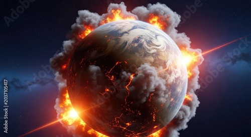 Dramatic cinematic view of a burning planet surrounded by massive flames and smoke in deep space, showcasing global atmospheric destruction, galaxy, space, chaos