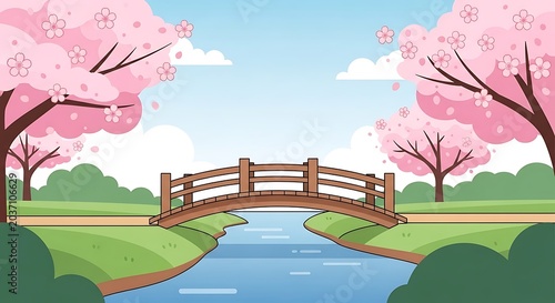 Springtime wooden bridge over calm river with cherry blossoms.