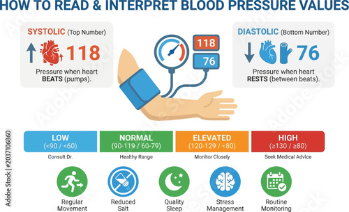 Blood pressure interpretation guide explains the difference between systolic and diastolic values while providing healthy lifestyle recommendations for cardiovascular wellness.