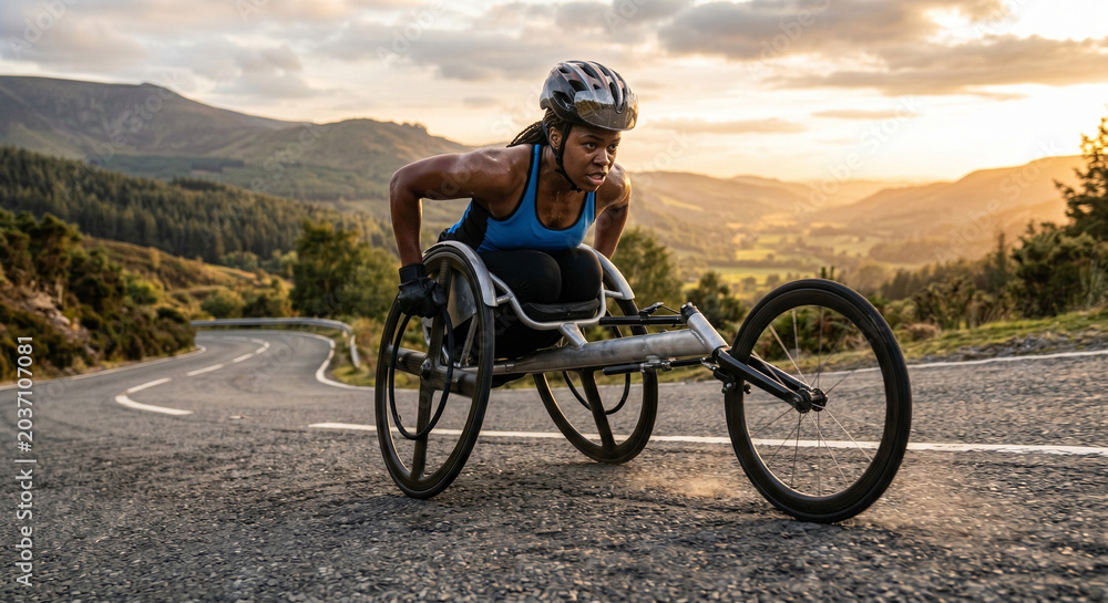 Obraz premium Diverse disabled athlete pushing racing wheelchair uphill in marathon.
