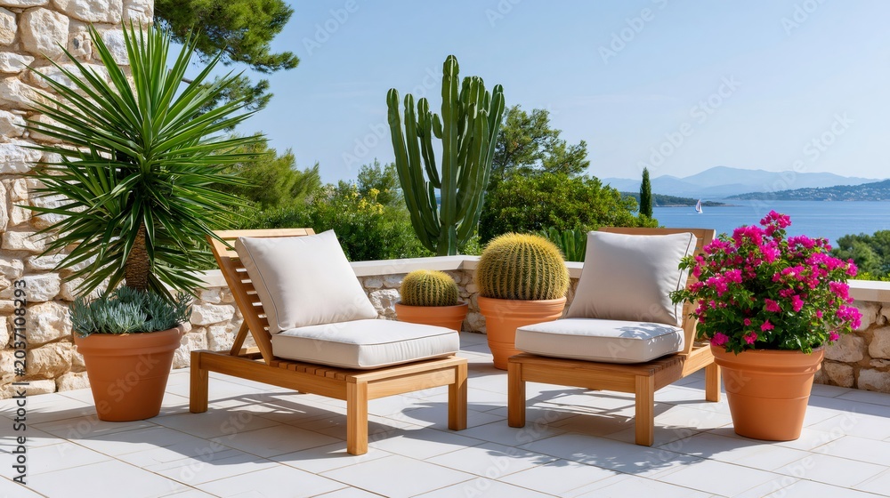 Fototapeta premium Mediterranean terrace with wooden chairs and bougainvillea overlooking sea