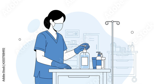 Nurse in protective gear sanitizing hands in a hospital room, hygiene concept