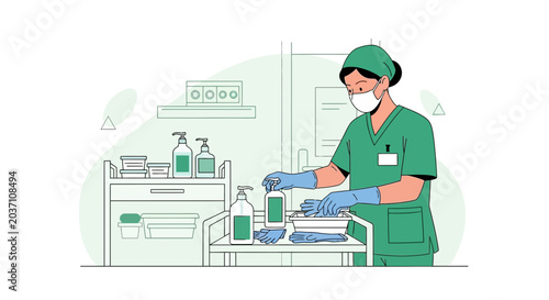 Nurse in protective gear preparing medical supplies on a cart in a hospital room.