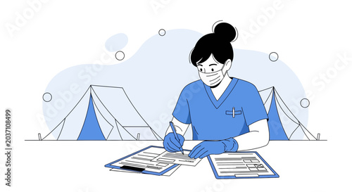Nurse in protective gear working at a field hospital with tents