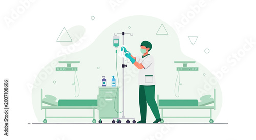 Nurse preparing IV drip in hospital room with two beds, medical equipment, and supplies