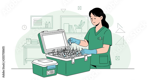 Nurse organizing vaccines in a cooler, medical supply, healthcare, vaccination campaign