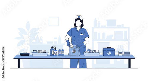 Nurse Preparing Medical Supplies and First Aid Kit on Table