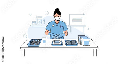 Nurse preparing medical supplies and personal protective equipment on a table