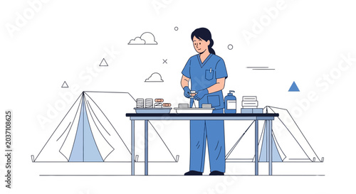 Nurse preparing medical supplies at a field hospital tent, disaster relief concept