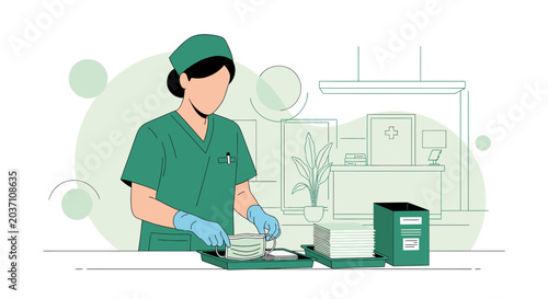 Nurse preparing medical supplies in a clinic, healthcare, sterile procedure