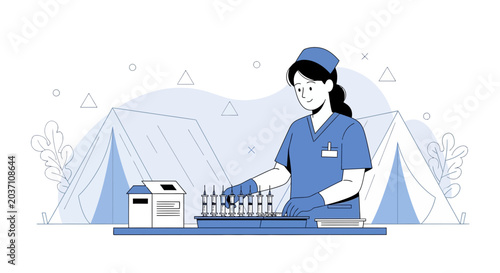 Nurse preparing vaccines in a medical tent, vaccination campaign, healthcare worker