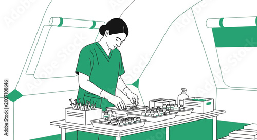 Nurse preparing medical supplies in a tent clinic