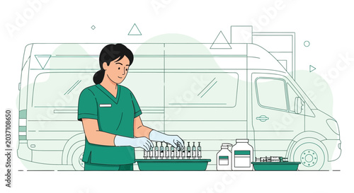 Nurse preparing vaccines or medications for mobile clinic in front of van