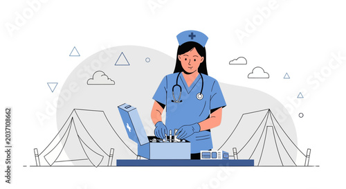 Nurse preparing medical supplies in emergency tent camp, healthcare concept