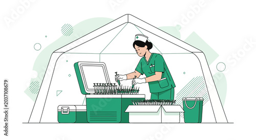 Nurse preparing vaccines in a mobile clinic tent, outdoor vaccination campaign