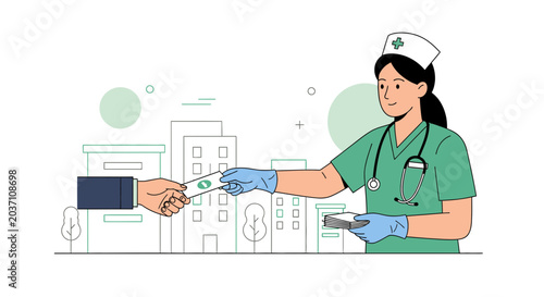 Nurse receives money from patient in front of hospital building, healthcare payment concept