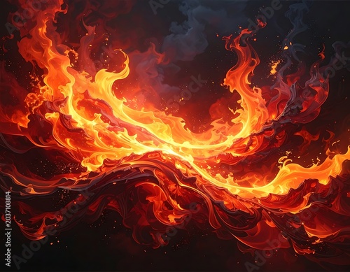 Vibrant orange flames burning fiercely darkness.