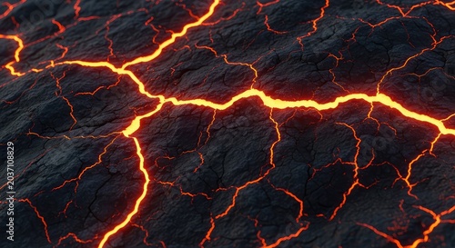 Abstract background texture of jagged dark volcanic rocks featuring glowing orange cracks with a burning magma and intense hot lava effect, molten, fire, pattern