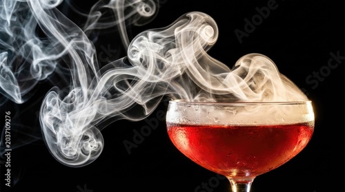 Man preparing a drink with rising smoke effect concept. A captivating cocktail with swirling smoke above a glass.