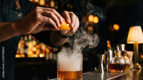 Man preparing a drink with rising smoke effect concept. Bartender preparing a smoky cocktail with fresh ingredients.