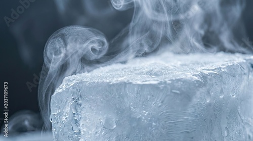 Man preparing a drink with rising smoke effect concept. Close-up of ice cube melting and releasing steam in cool air.