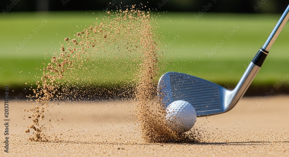Naklejka premium Close-up of a golf club impacting a ball in a bunker, creating a dramatic explosion of sand particles against a blurred green background, splash, strength, trap