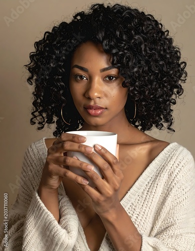 Woman holding white coffee cup relaxed.