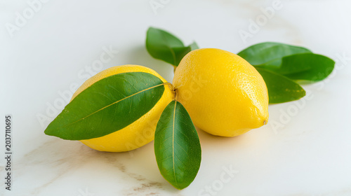 Fresh lemon with green leaves on a marble surface, showcasing vibrant yellow against a clean white background.