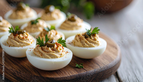 Premium Deviled Eggs with Olives Appetizer on White Background for Party and Gourmet Food Advertising