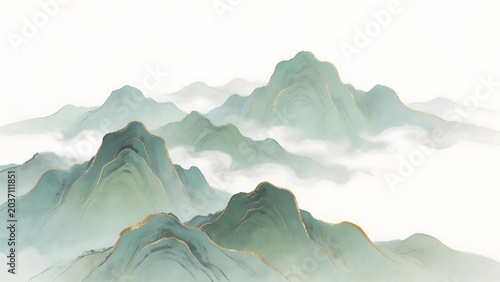 Painted mountain landscape with clouds