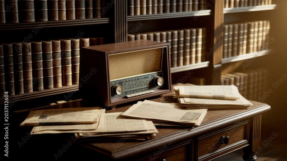 Fototapeta premium Vintage Radio and Newspapers in Classic Library With Warm Retro Atmosphere