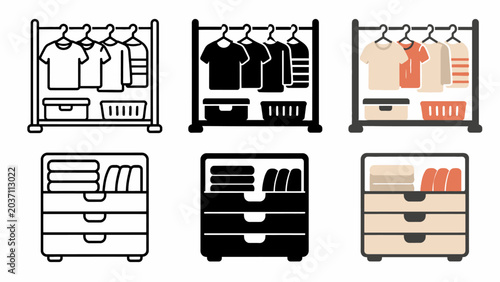 Minimalist closet icons showing racks and drawers with clothes in black and color