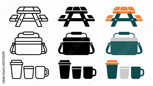 Picnic table and lunchbox icons with colorful drink designs