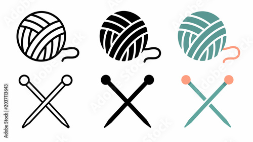 Colorful yarn balls and knitting needles icons in various styles