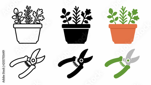 Herb plant pot and pruning shears icons in various styles and colors