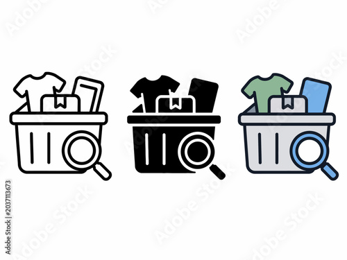 Shopping basket icon variants: black, outline, and color with magnifying glass