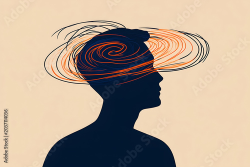 A man with a tangled mass of lines obscuring his face, mental confusion.