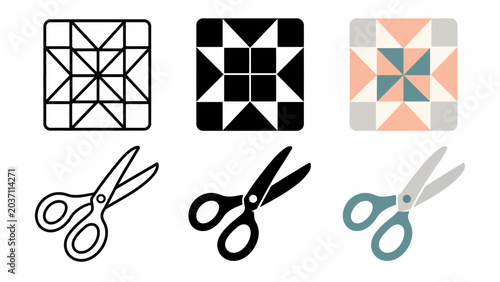 Geometric quilt patterns and scissor icons in various styles