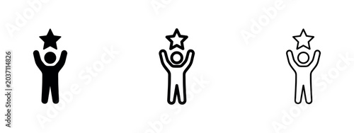 Slika na platnu Achievement and success icon set, depicting a person holding a star aloft